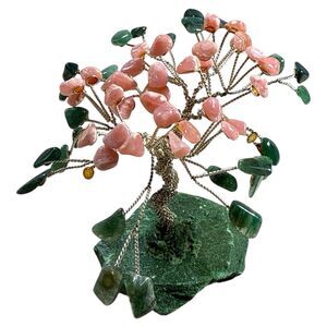 Tree of Life  Aventurine & Pink Agate Gemstone  Crystal Decor on Green Base